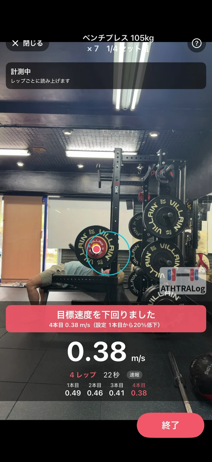 セット中に目標速度を下回ったことを知らせる画面